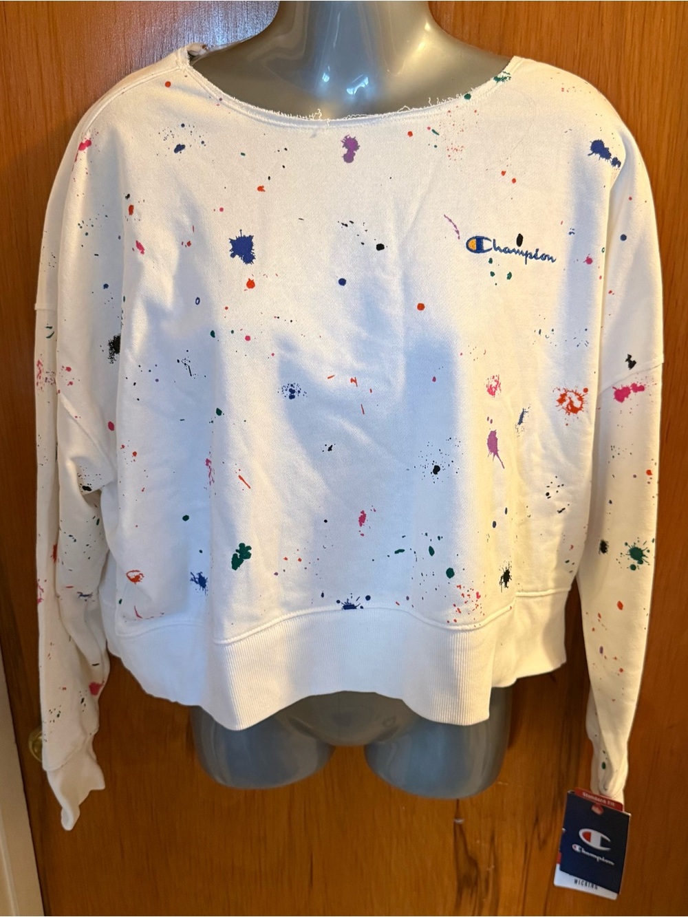 Champion White Paint Splatter Campus Crewneck